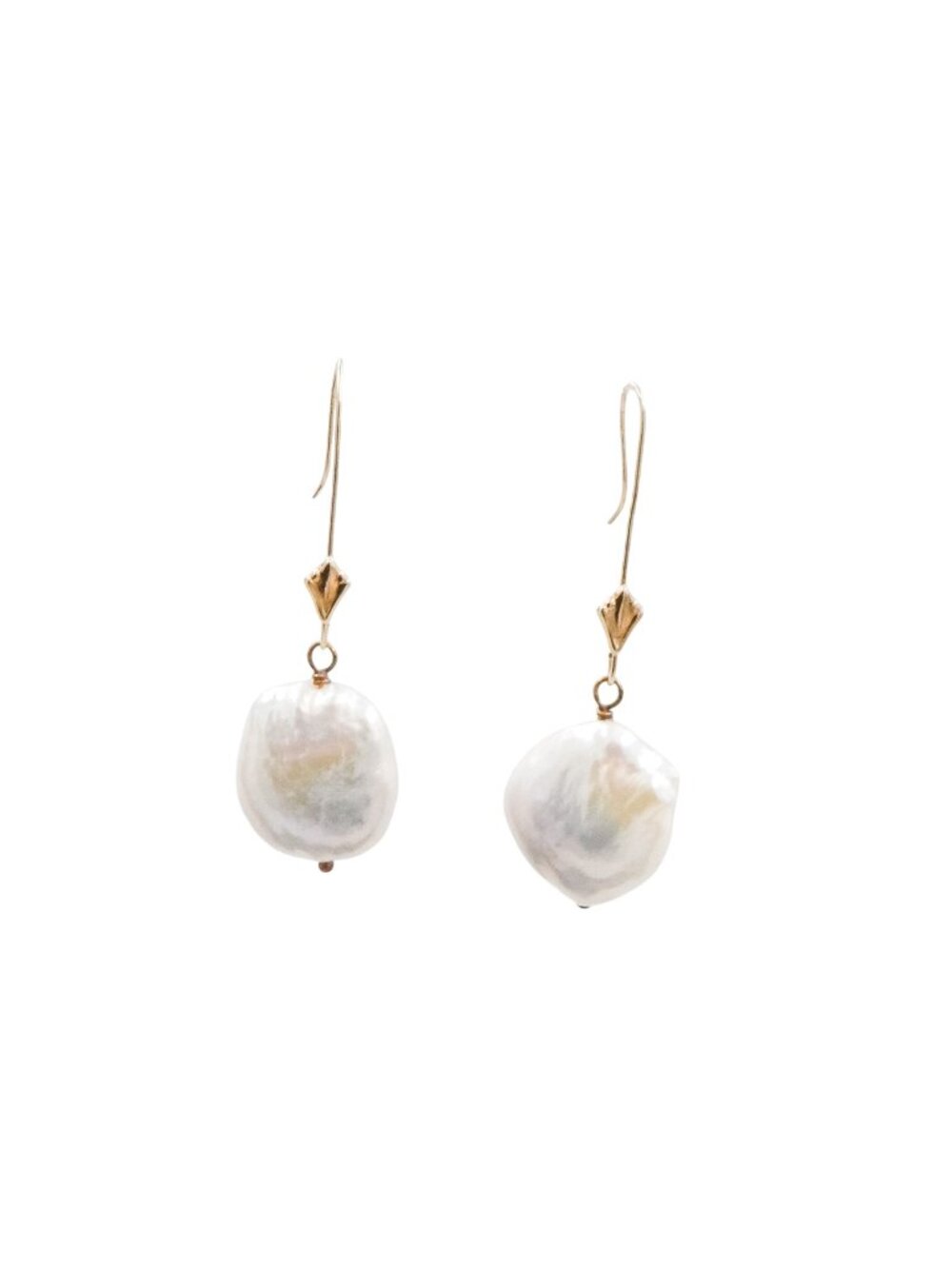14K Yellow Gold White Baroque Freshwater Pearl 1.75 Inch Drop Earrings